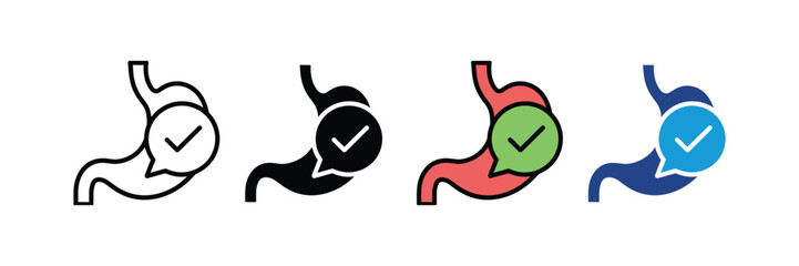 Human stomach anatomy with check mark icon vector. Healthy digestive system, gastric wellness, digestion care, and medical healthcare symbol. Vector Illustration.