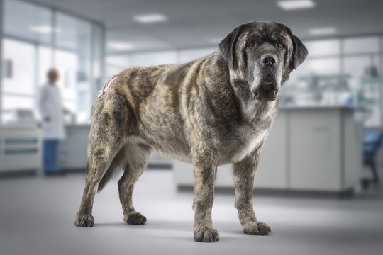 Brindle mastiff dog with shaved spot on back, standing in a veterinary laboratory