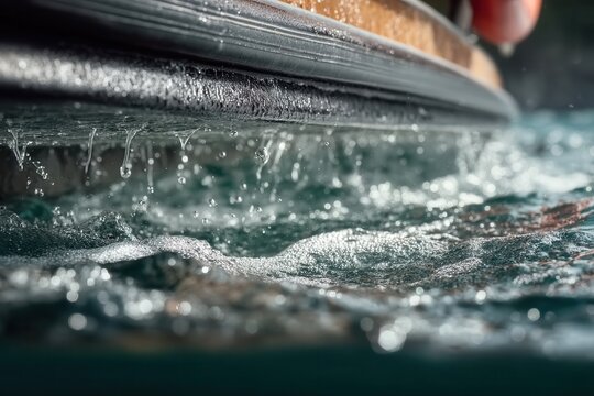 Boat hull carving through ocean water surface, creating splashes and fine water droplets