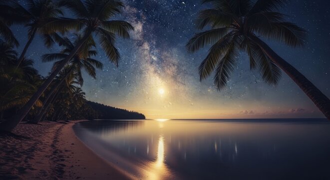 Beach at dusk with palm trees, serene sea, and a starry night sky