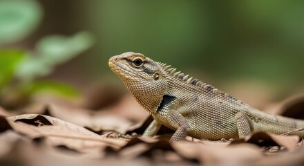 Fototapeta premium Close-up of a lizard on a bed of dry leaves in nature.