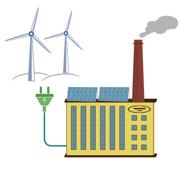 Industrial factory powered by wind and solar energy, green industry, energy transition, vector illustration