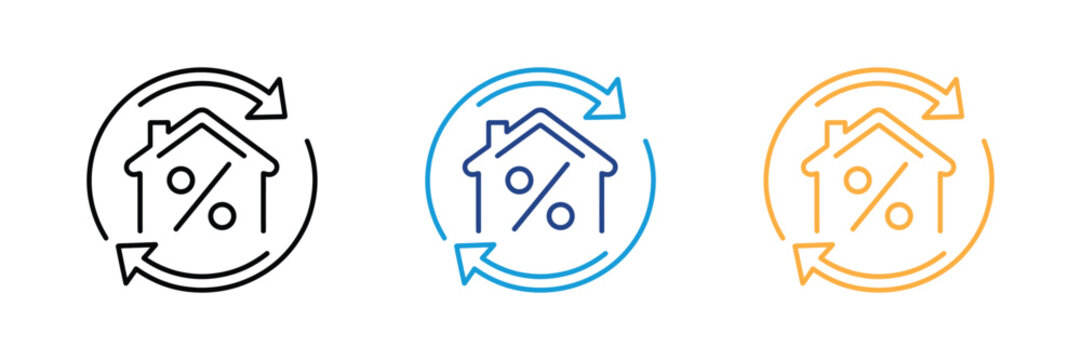 Home with percentage symbol and circular arrows icon vector. Mortgage refinancing, real estate interest rate update, property investment, and home loan synchronization symbol. Vector Illustration.