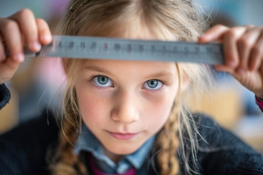 Young girl holding a ruler, looking intensely at the camera, learning about measurement