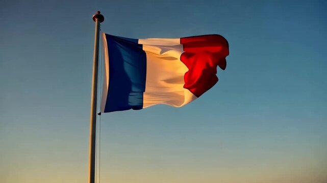 Cinematic 3D animation of the France national flag waving on a flagpole against a clear blue sky. Realistic French Tricolour fabric movement. Patriotic European concept.