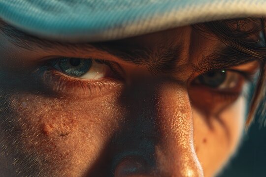 Man with blue eyes looking focused and determined, wearing a cap
