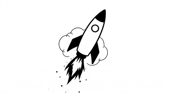 Black and white illustration of a rocket taking off with flames