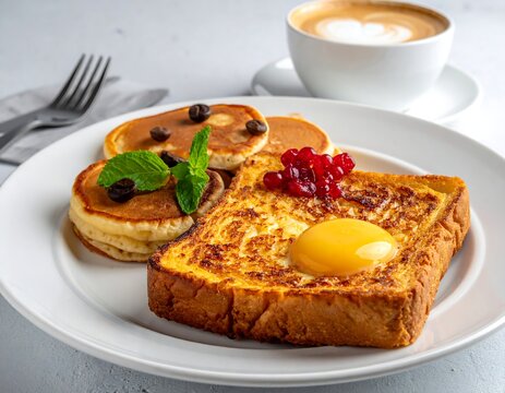 A plate showcases French toast topped with an egg yolk and berries, accompanied by pancakes with chocolate chips and a cappuccino