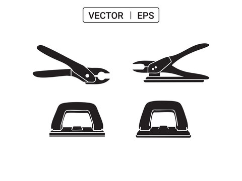 Set of paper puncher and stapler icons, office tools for document preparation.