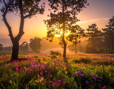 A picturesque scene of a field of wildflowers bathed in the warm light of sunrise, trees framing the view