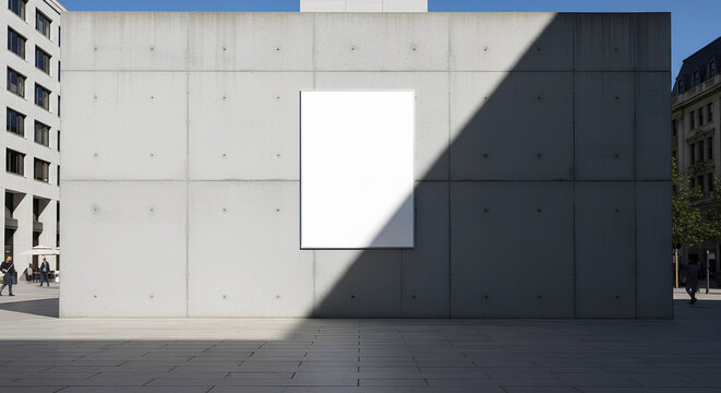 Blank Poster Mockup on Concrete Wall in Modern Urban Square with Dramatic Sunlight