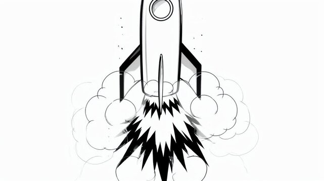 Black and white stylized rocket launching upward with cloud trail background