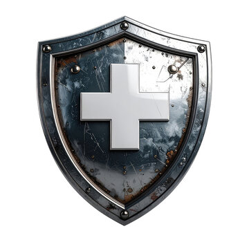 A weathered, metallic shield prominently displays a white cross emblem against a stark black background, evoking themes of protection, faith, and medieval heraldry.
