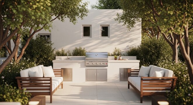 Luxury outdoor kitchen design with stainless steel grill built in counter and wooden sofas surrounded by lush green garden trees.
