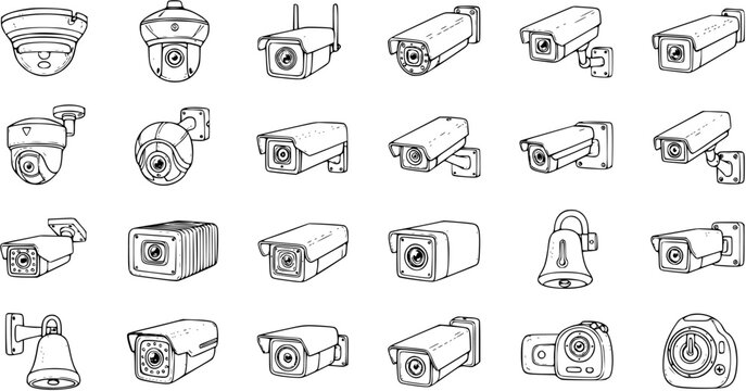 Security Camera Doodles: Hand-Drawn CCTV, Surveillance  Protection Vector Set