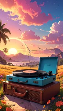 A picturesque scene of a record player atop a suitcase, bathed in sunset hues, with distant mountains, and palm trees