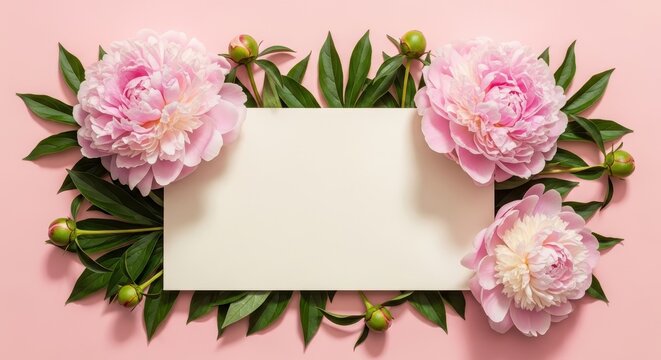 Pink peony flowers and green leaves framing white blank rectangular card on pastel background for greeting message or invitation.