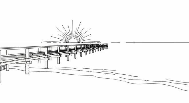 A simplistic black and white drawing of a wooden pier extending into calm waters under a radiant sun