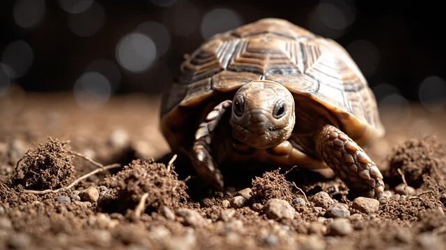 Macro shot of a juvenile tortoise walking on textured brown soil, showing detailed shell patterns and scaly skin, baby reptile exploring natural habitat with soft lighting.
