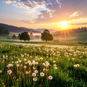 A picturesque scene of a sunrise over a field of dandelions, trees, and rolling hills with a soft mist