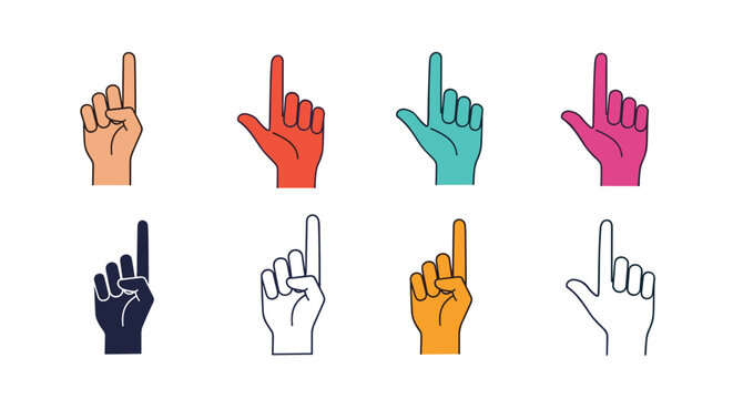 Collection of hands with pointing index fingers in various colors provides diverse directional and instructional icons for creative projects.