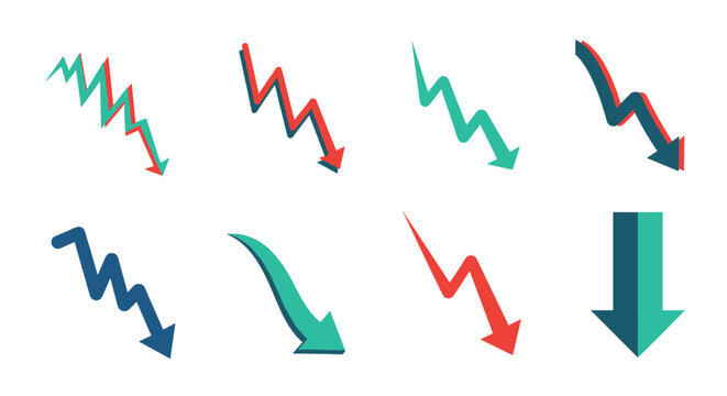 Set of declining arrow graphs in different colors illustrates negative trends and economic downturns for business and financial reporting.