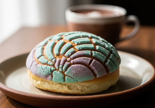 A colorful concha sweet bread pastry served on a plate with a cup of hot chocolate