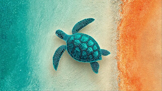 A digitally rendered marine turtle floats above a contrasting color scheme, a precise composition of teal and coral, demonstrating balanced visual elements.