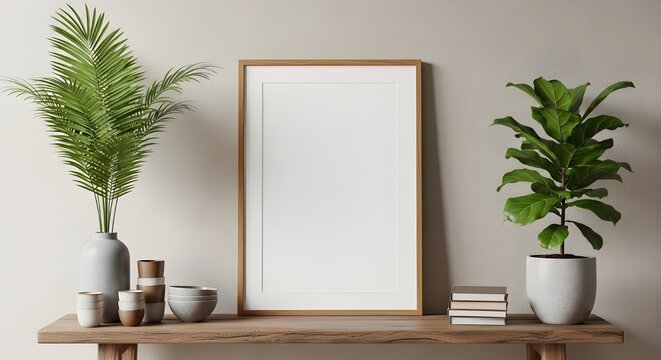 Minimalist interior mockup with a blank wooden picture frame on a rustic wooden console table, flanked by a palm plant in a grey vase and a fiddle leaf fig plant in a pot with stacked books