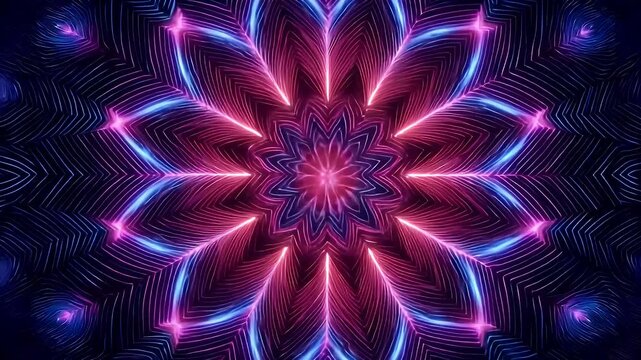 Abstract neon kaleidoscope motion background with glowing pink and blue energy rays forming symmetrical floral patterns for digital visuals and electronic music transitions in high quality.