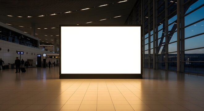 Large blank billboard mockup in a modern airport terminal interior at night