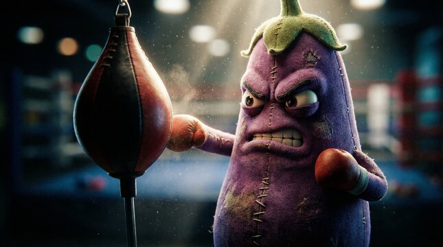 Fierce eggplant boxer in gym punching speedbag under spotlight, exaggerated angry expression, cinematic lighting, sweat droplets, gritty atmosphere, blurred arena background, determined stance, three