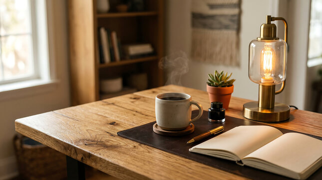 Cozy coffee setup on wooden desk with lamp book and plant
