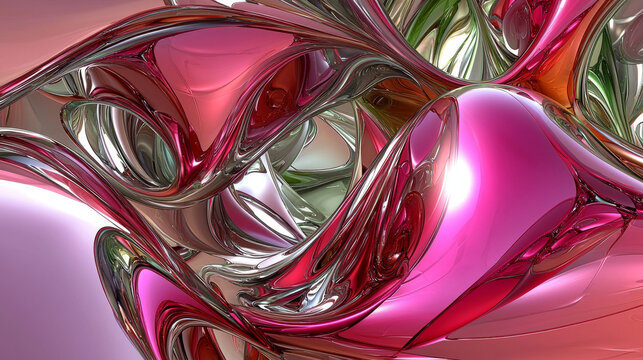 Abstract chrome liquid surface with flowing curves, metallic pink, silver, and green reflections, futuristic and dynamic, modern digital art, vibrant and energetic mood