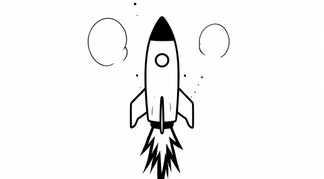 Black and white sketch of a rocket launching with clouds of smoke