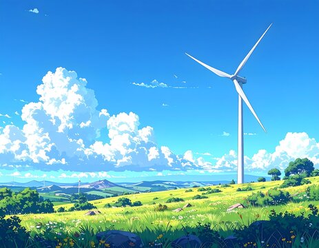 A picturesque scene of a windmill in a sunny meadow with fluffy clouds and rolling hills