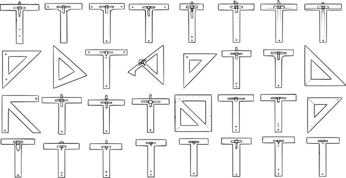 Drafting Tools Collection: T-squares and Set Squares (Triangles) in Various Orientations and Designs, Technical Drawing Instruments Pattern