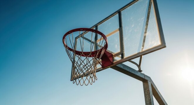 Court hoop on a clear day against the bright blue sky