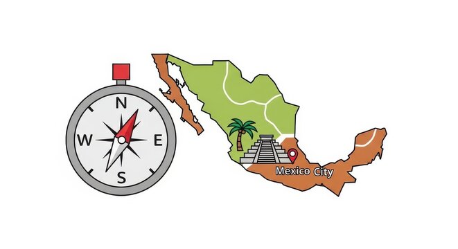 a map of mexico with a compass and a pin on the yucatan peninsula near a pyramid and a palm tree on