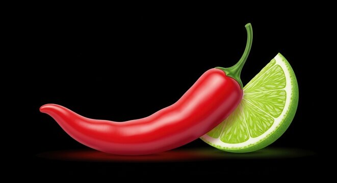 A vibrant red chili pepper paired with a fresh green lime wedge on a sleek black background with stu