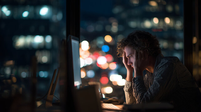 Overworked employee alone in office with city lights outside ,hard work at night with panic, photo style
