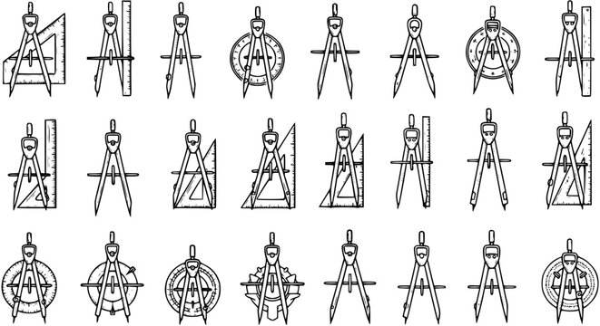 Black and white line art set of various drawing compasses and drafting tools, ideal for engineering, architecture, geometry, and technical design illustrations.