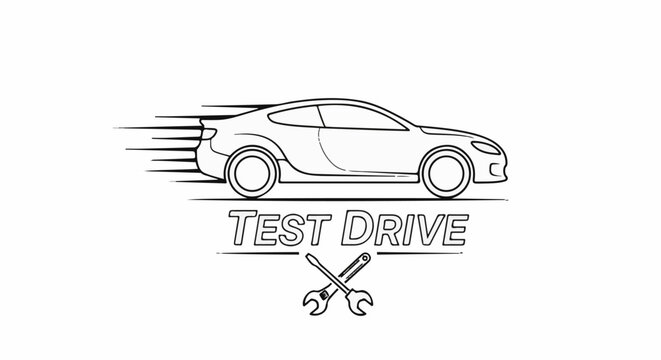 A stylized black and white drawing of a car in motion with tools