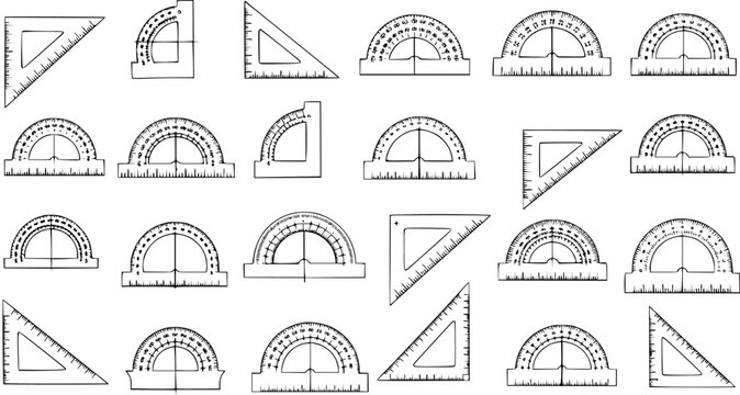 Hand-drawn sketch of various geometric tools including protractors and set squares, black and white line art for education and mathematics.