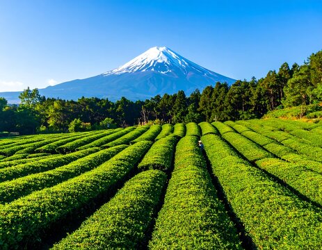 A picturesque scene of lush green tea fields stretching towards a snow-capped mountain under a clear blue sky