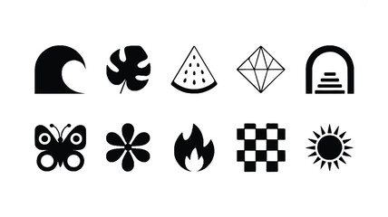 Black and white icons of various symbols and objects are shown