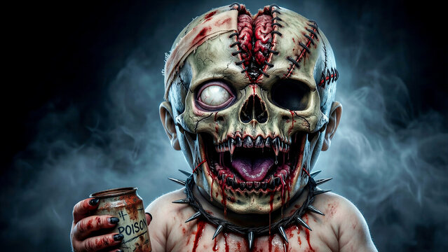 Horror monster character holding metal can with poison text