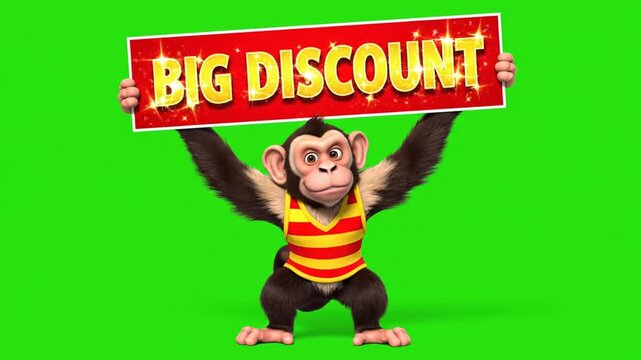 Happy Chimp Mascot with Big Discount Promotion on Green Screen