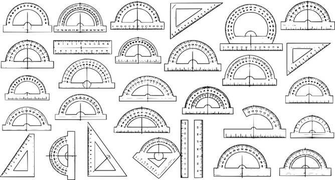 Hand-drawn sketch collection of drafting tools for geometry and measurement, including protractors, rulers, and set squares, useful for education, engineering, and architecture designs