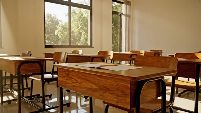 Empty school classroom featuring rows of wooden student desks and chairs, bright natural sunlight streaming through large windows creating long shadows on a reflective floor.